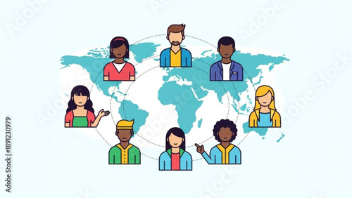 Diverse people connect globally with technology on world map background
