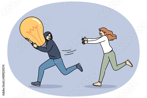 Man runs away with stolen idea and holds light bulb, trying to hide from woman accuses robber of plagiarism. Concept of problem of copyright infringement and plagiarism or theft of innovative ideas
