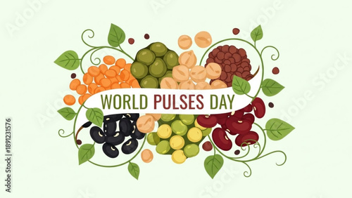 World pulses day celebration with assorted colorful legumes and beans surrounded by green leaves on light background