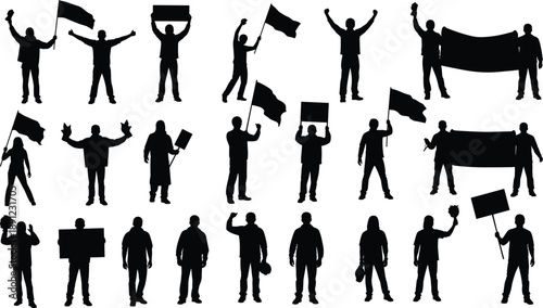 Diverse Collection of Protester Silhouettes Holding Signs Banners and Flags Isolated on White Background for Social Justice Activism Demonstration and Political Campaign Graphic Design Projects