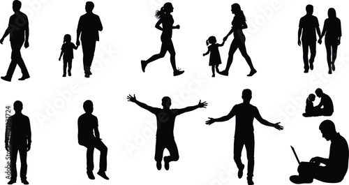 Black silhouettes of people in various poses on white background silhouettes, people, black, white background, walking, running, sitting, standing, jumping, holding hands, laptop, child, human figures