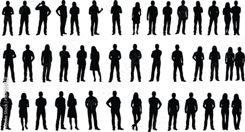 Large collection of diverse adult people silhouettes standing in various professional poses isolated on white background for business community social group and corporate teamwork designs