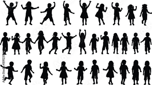 Large set of happy children silhouettes in various poses isolated on white background for school education community youth program and diverse childhood activity designs