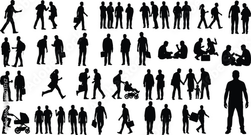 Black silhouettes of people walking standing and sitting people, silhouettes, black, white background, walking, standing, sitting, stroller, briefcase, backpack, various poses, crowd, human figures, c