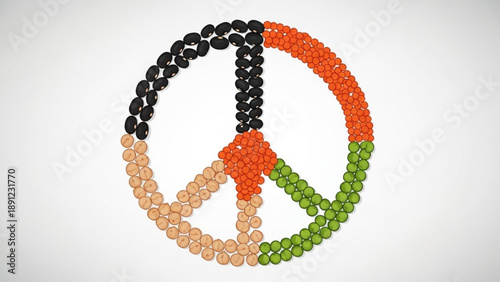 Vibrant peace sign made of colorful beads on white background symbolizing harmony and unity with a mix of black orange green and beige hues