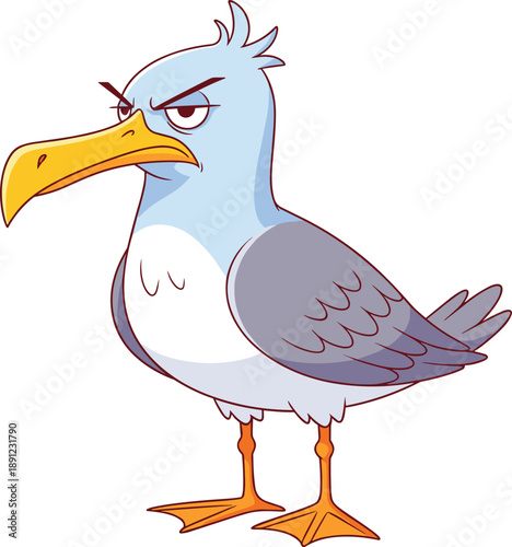 Grumpy seagull cartoon character with angry expression and folded wings isolated on white background for beach humor coastal bird illustration and funny nautical stickers