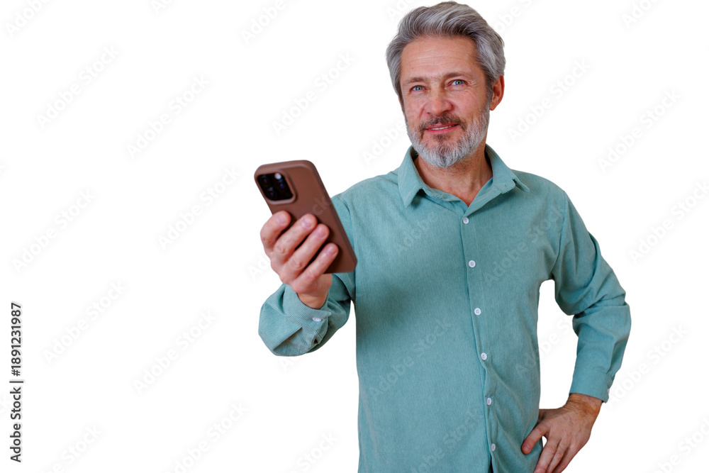 Fototapeta premium Mature man smiling, engaging with mobile phone, accessing digital content, using app, transparent background