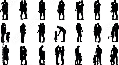 Big set of vector silhouettes featuring loving fathers with daughters, romantic couples kissing, and parents hugging children isolated on white.