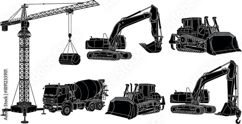 Heavy construction machinery silhouette collection featuring crane, excavator, bulldozer, concrete mixer truck, and earthmoving equipment for industrial, engineering, and building projects