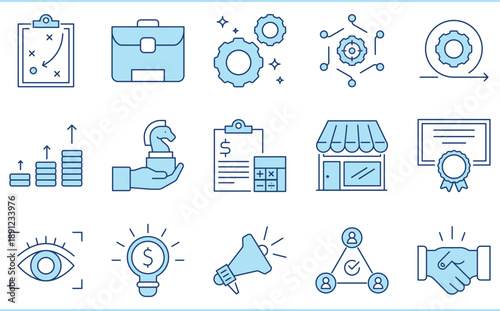 A set of flat icons related to SME or small and medium sized enterprises. Business, startup, shop, income, profit, strategy, budgeting, targeting, occupation, and so on.