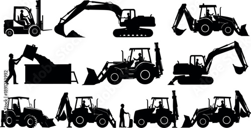 Heavy construction machinery silhouettes set featuring excavators, backhoe loaders, forklifts, bulldozers, industrial vehicles, earthmoving equipment, workers, and construction site operations concept