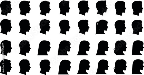 Human profile silhouettes collection featuring male and female head side views, diverse hairstyles and facial outlines isolated on white background for avatar and identity design