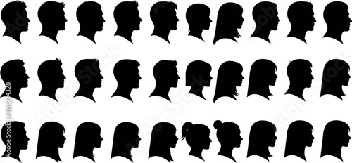 Male and female head profile silhouette collection showing diverse human faces in side view for identity, avatar design, psychology, and social concepts