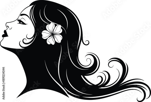 Black and white of woman's head with flower in hair black and white, woman, head, profile, flower, hair, long hair, floral, decorative, stylized, beauty, fashion, black, white, woman's, flowing, locks