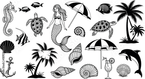 Marine life and tropical beach silhouettes collection featuring mermaid, sea animals, shells, palm trees and summer vacation elements isolated on white background