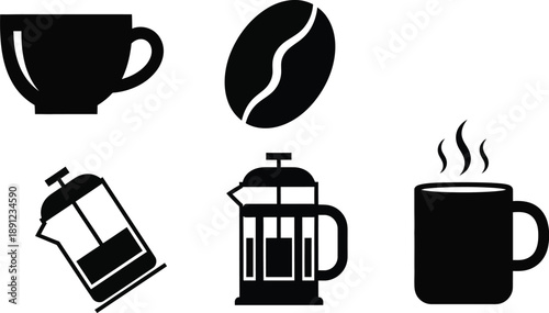 Coffee icons. Steaming hot coffee cup, coffee bean and French press coffee maker. silhouette.