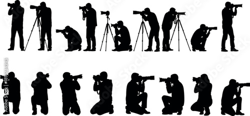 Professional photographer silhouettes collection showing standing and kneeling poses with cameras and tripods, dynamic photo shooting activities isolated on white background