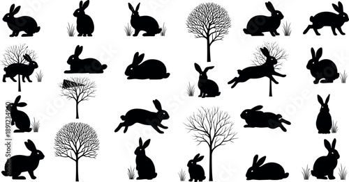 Rabbit and hare silhouettes with trees and grass showing wild bunny poses and woodland nature elements isolated on white background for wildlife design
