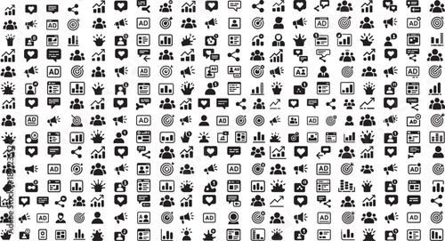 collection of business and social media icons on white background for marketing and advertising concepts