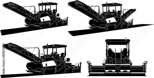 Road construction asphalt paver machine silhouettes in multiple views showing paving equipment isolated on white background for civil engineering design projects illustrations