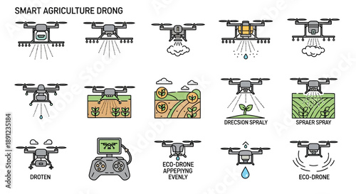 Icons illustrating smart agriculture drones and their applications in modern farming, including spraying, monitoring, and precision agriculture.