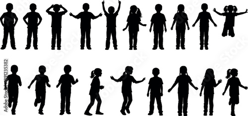 Set of vector black silhouettes of active happy children, boys and girls standing, playing, running and jumping on white background.