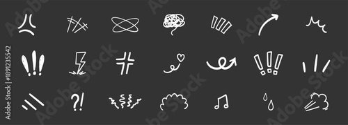 Expressions movement simple doodle hand drawn set. Comic manga effect motion. Expression shapes, anime for character emotion.