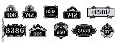House number name plate vector illustration. Laser cutting template files for house number. House Number Sign.