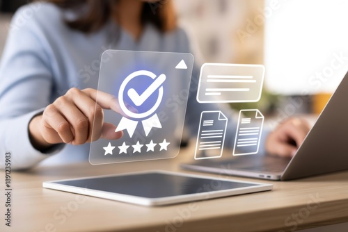 Assurance of Quality: A focused individual in a professional environment, interacts with an innovative digital interface, showcasing a quality assurance emblem.