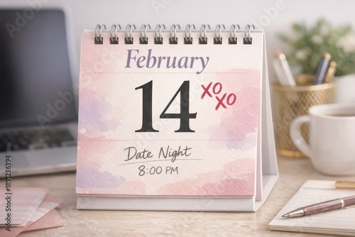 Desk calendar shows February 14 date night details with a romantic theme. Items on the desk include a laptop and coffee cup, Valentines Day celebration