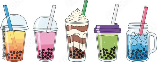 Bubble tea drinks collection in takeaway cups and mason jar with tapioca pearls milk tea and straws isolated