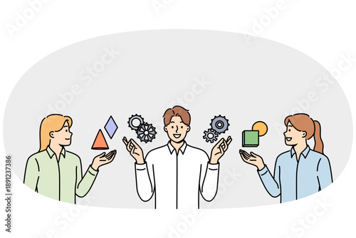 Team of people are discussing business management and consulting with specialist, standing near gears. Successful male manager explains to girls rules of management in industrial sector