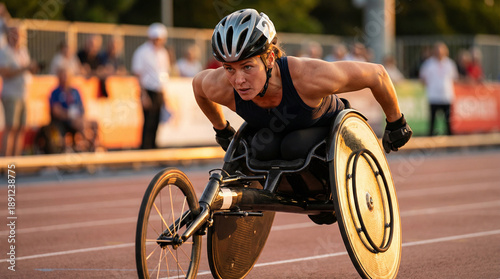 Wheelchair racer sprinting on outdoor track.
