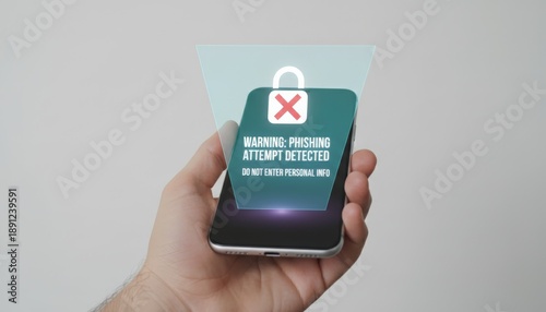 Hand holding a smartphone displaying a warning, phishing attempt detected message and a lock icon with a red cross. Indicating a cybersecurity threat and advising against entering personal information