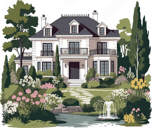 Create a realistic Luxurious residential house with a big beautiful garden with blooming flowers and bushes vector art with white background.