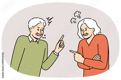 Quarrel elderly man and woman expressing mutual complaints or insults accumulated over years of marriage. Quarrel old people due to political differences and oppositional views on government actions