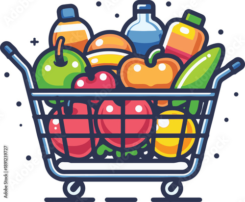 shopping cart with food fruits vegetables oil orange juice cartoon vector editable on transparent background