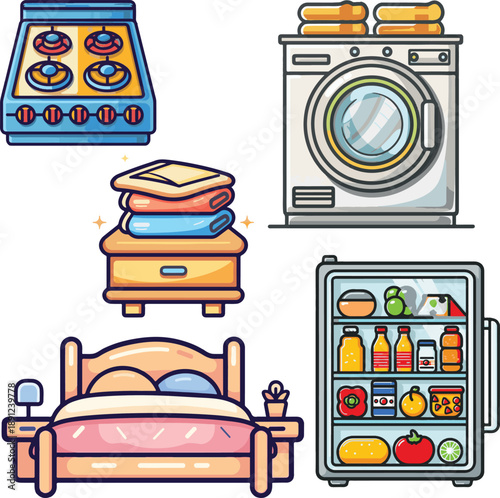 gas oven washing machine cupboard clothes bed fridge home essentials cartoon icon for kids educational purpose vector editable format on transparent background