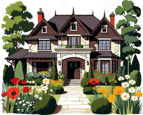 Create a realistic Luxurious residential house with a big beautiful garden with blooming flowers and bushes vector art with white background.