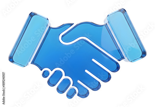 3D Blue Glass Handshake Icon, Glossy Deal Symbol, Modern Partnership Element, Crystal Agreement Sign, High Quality Render, Business Design, Cooperation Graphic