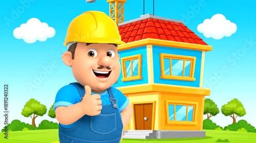 Cartoon Builder Character with House and Crane Animation.