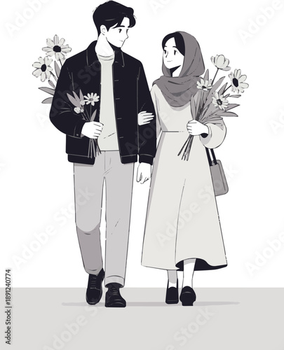 Create a realistic Man and woman with flowers walking together vector art with white background.