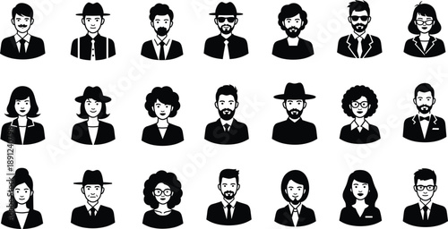 Black and white of people with various hairstyles and clothing people, black and white, avatars, characters, faces, heads, profiles, business attire, casual wear, hats, glasses, beards, mustaches, smi