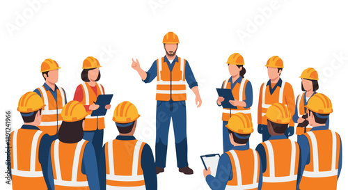 Construction team meeting with foreman and workers in safety vests.