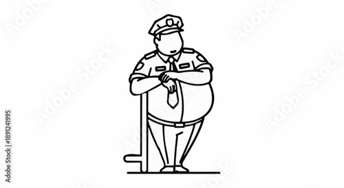 Cartoon Security Guard Standing Holding Stick Uniform Cap.