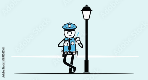Cartoon Police Officer Writing Ticket Near Street Lamp.