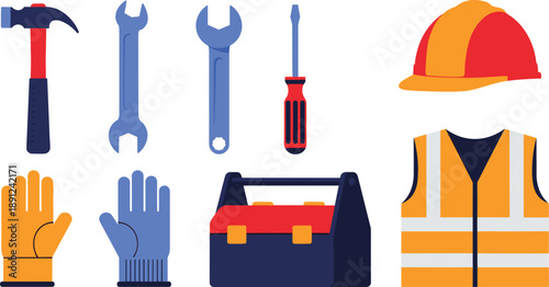 Construction tools and safety gear for industrial work sites