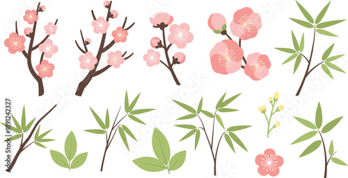 Vibrant cherry blossom branches and green leaves for spring designs