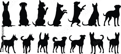 Black dog silhouette collection featuring various breeds in sitting, standing, begging, and playful poses isolated on white background for graphic design.