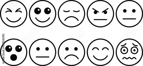 Emoji faces set illustration, facial expressions icons collection, emotions symbols, smiley faces, line style emoticons isolated on white